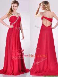 New Beaded Decorated One Shoulder Red Prom Dress with Brush Train