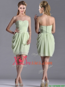 Popular Ruched Decorated Bodice Short Dama Dress in Yellow Green