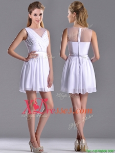 Fashionable See Through Scoop White Bridesmaid Dress with Ruching