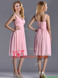 Lovely Empire V Neck Baby Pink Short Dama Dress with Beading