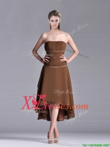 Exclusive Beaded Strapless High Low Brown Prom Dress in Chiffon
