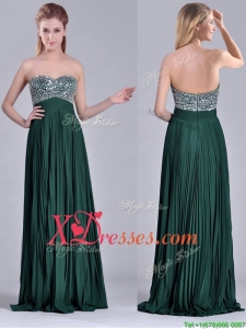 Popular Brush Train Beaded Bust and Pleated Prom Dress in Hunter Green