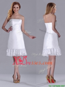 Low Price Strapless White Short Bridesmaid Dress in Lace and Satin