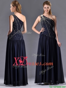 Beautiful Column One Shoulder Beaded Best Selling Mother Dress in Navy Blue