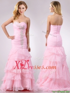 Popular Brush Train Organza Pink Prom Dress with Beading and Ruffles