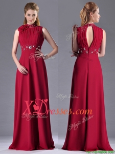 Empire High Neck Open Back Red Best Selling Mother Dress with Beading and Hand Crafted