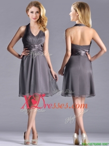 Romantic Chiffon Halter Top Knee Length Prom Dress in Grey