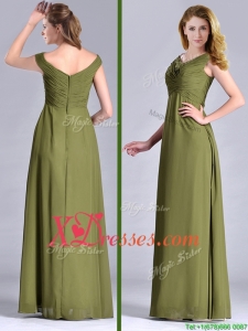 Discount Empire V Neck Chiffon Olive Green Best Selling Mother Dress with Ruching