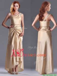 Champagne Ankle-length Beaded Side Zipper Best Selling Mother Dress with One Shoulde