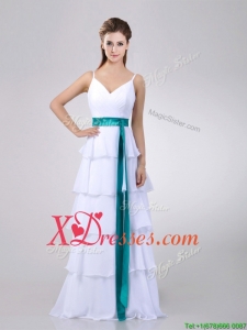 Lovely White Prom Dress with Ruffled Layers and Turquoise Belt