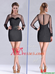 Cheap See Through Column Bateau Black Mother of Bride Dresses with Long Sleeves