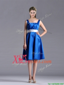 Exquisite Empire Square Taffeta Blue Prom Dress with White Belt