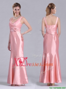 Modest V Neck Hand Crafted Flower Peach Cheap Mother of Bride Dresses in Ankle Length