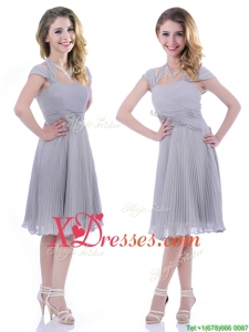 Elegant Cap Sleeves Tea Length Grey Cheap Mother of Bride Dresses with Pleats