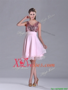 Latest V Neck Sequined Decorated Bodice Prom Dress in Baby Pink