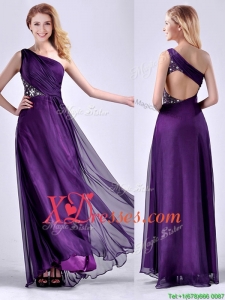 Elegant One Shoulder Criss Cross Purple Prom Dress with Beading
