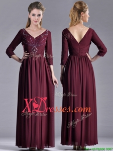 Latest Beaded V Neck Burgundy Cheap Mother of Bride Dresses with Three Fourth Length Sleeves