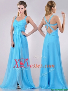 Luxurious Straps Criss Cross Beaded Long Prom Dress in Baby Blue