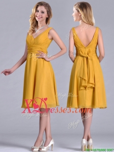 Latest Empire V Neck Ruched Gold Prom Dress in Chiffon