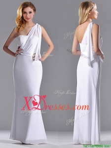 Exclusive Column White Chiffon Backless Prom Dress with One Shoulder