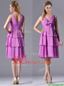 Classical V Neck Lilac Prom Dress with Handcrafted Flower and Ruching
