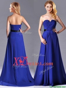 Luxurious Empire Chiffon Royal Blue Prom Dress with Brush Train