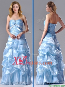 Column Sweetheart Long Light Blue Beaded Ruched Prom Dress in Organza
