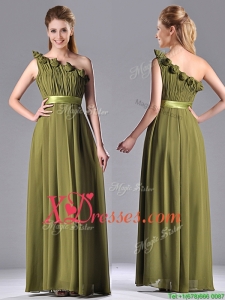 Empire One Shoulder Ruched and Belt Cheap Mother of Bride Dresses in Olive Green