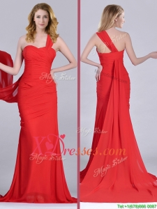 Column One Shoulder Watteau Train Coral Red Prom Dress with Side Zipper