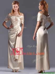 Column Off the Shoulder Ruching Cheap Mother of Bride Dresses in Champagne