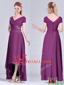 Short High-low Chiffon Dark Purple Short Sleeves Cheap Mother of Bride Dresses with V Neck