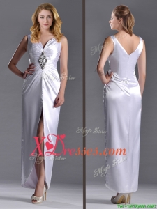 Exquisite Column V Neck Cheap Mother of Bride Dresses with Beading and High Slit