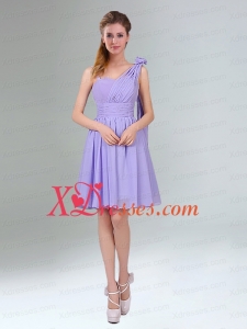 Gorgeous Mini Length Lavender Prom Dresses with Ruching and Handmade Flower