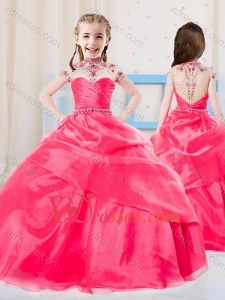 Sweet Ball Gown High Neck Organza Coral Red Little Girl Pageant Dress with Beading