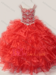 Ball Gown Straps Organza Beaded Bodice Lace Up Birthday Party Dress in Red