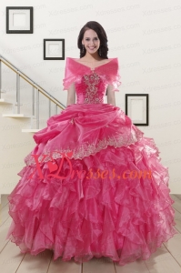 Best Appliques and Ruffles Quinceanera Gowns in Hot Pink