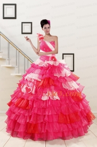 Best One Shoulder Ruffled Layers Multi Color Quinceanera Dresses with Hand Made Flower