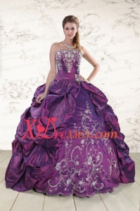 Best Strapless Embroidery and Pick Up Quinceanera Dresses in Purple