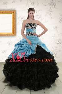 Couture Ruffles Blue and Black Quinceanera Dresses with Zebra and Belt