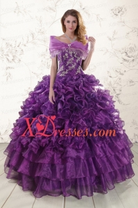 Custom Made Appliques Purple Strapless Quinceanera Dresses with Ruffles