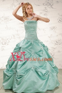 Custom Made Turquoise Quinceanera Dresses with Appliques and Pick Ups