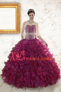 Designer Burgundy Quinceanera Gown with Beading and Ruffles