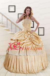 Designer Champagne Quinceanera Dresses with Appliques and Pick Ups
