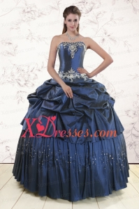 Designer Embroidery and Pick Ups Quinceanera Dress in Navy Blue