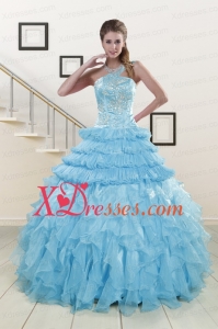Fast Delivery Baby Blue Sweet 15 Dresses with Beading and Ruffles