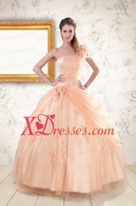 Fast Delivery One Shoulder Appliques Quinceanera Dress in Peach