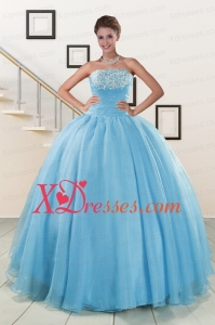 Fast Delivery Strapless Aqua Blue Quinceanera Dresses with Appliques