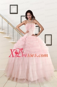 Pretty Strapless Baby Pink Sweet Sixteen Dresses with Beading and Pick Ups