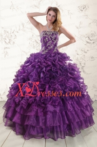 Purple Strapless Vintage Quinceanera Dress with Appliques and Ruffles