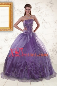 Vintage Purple Strapless Appliques Quinceanera Dresses with Beading and Ruffles